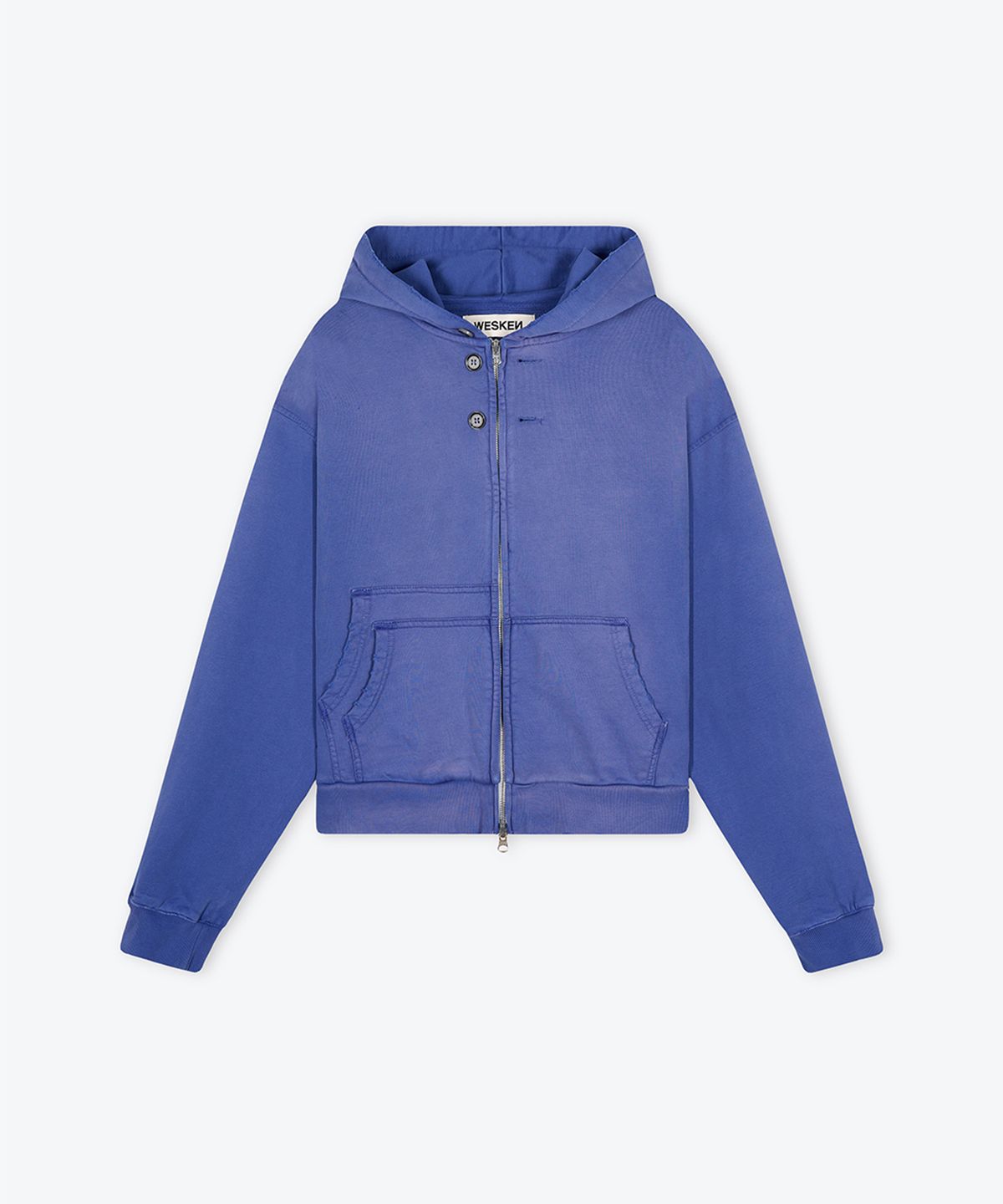 웨스켄(WESKEN) [UNISEX] DOUBLE POCKET CROPPED WASHED ZIP-UP HOODIE (BLUE)