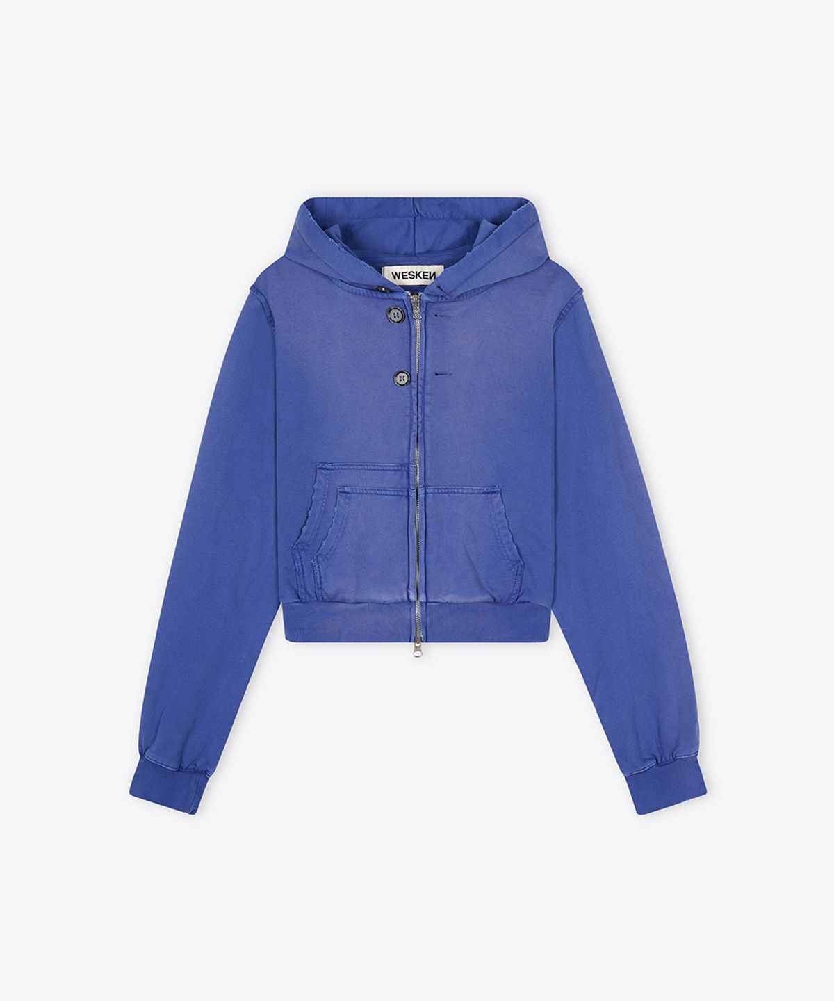 웨스켄(WESKEN) [WOMEN] DOUBLE POCKET CROPPED WASHED ZIP-UP HOODIE (BLUE)