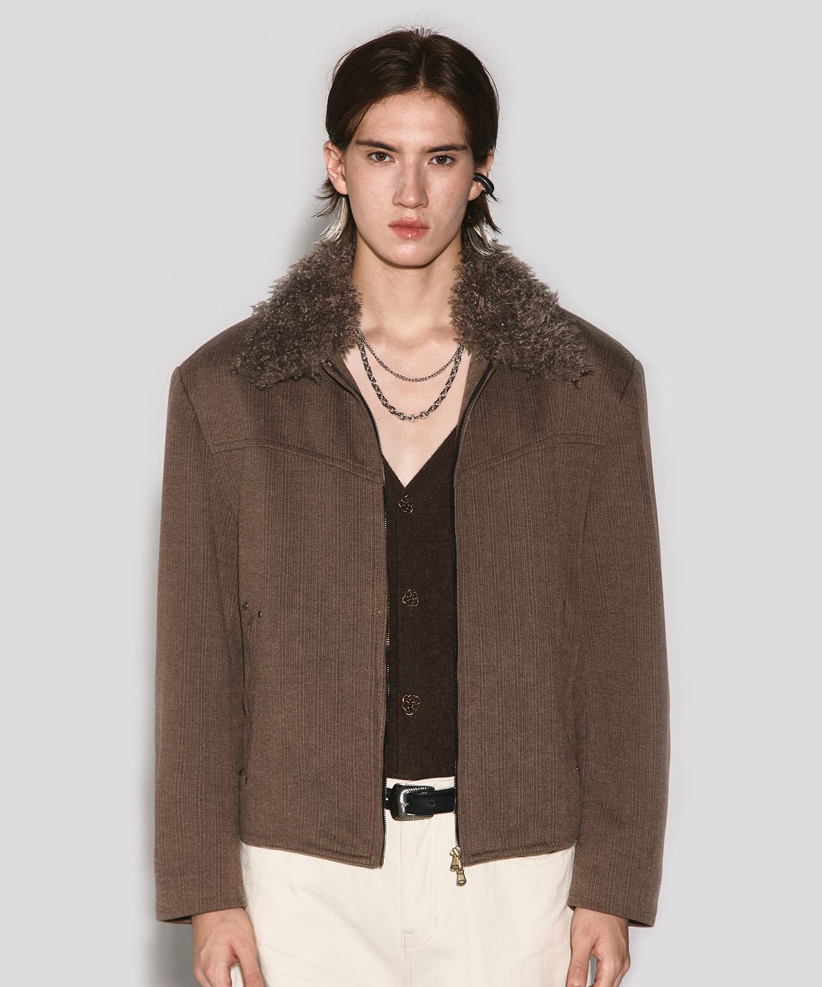 웨슬리 휴스턴(WESLEYHYUSTON) Dust line fur collar herringbone jacket brown