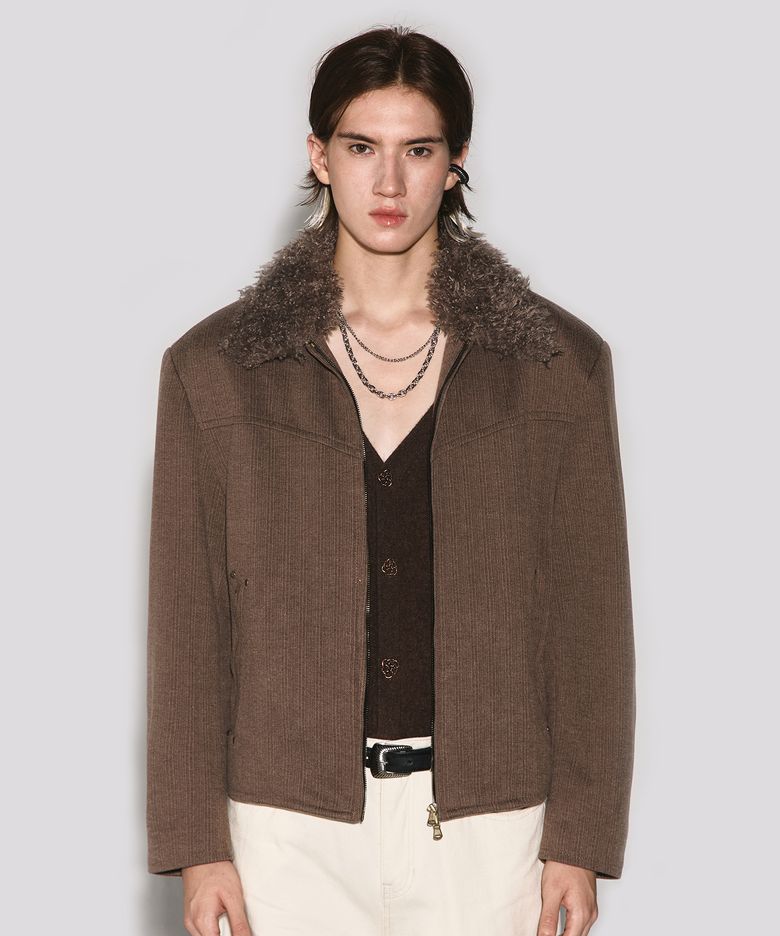 Dust line fur collar herringbone jacket brown