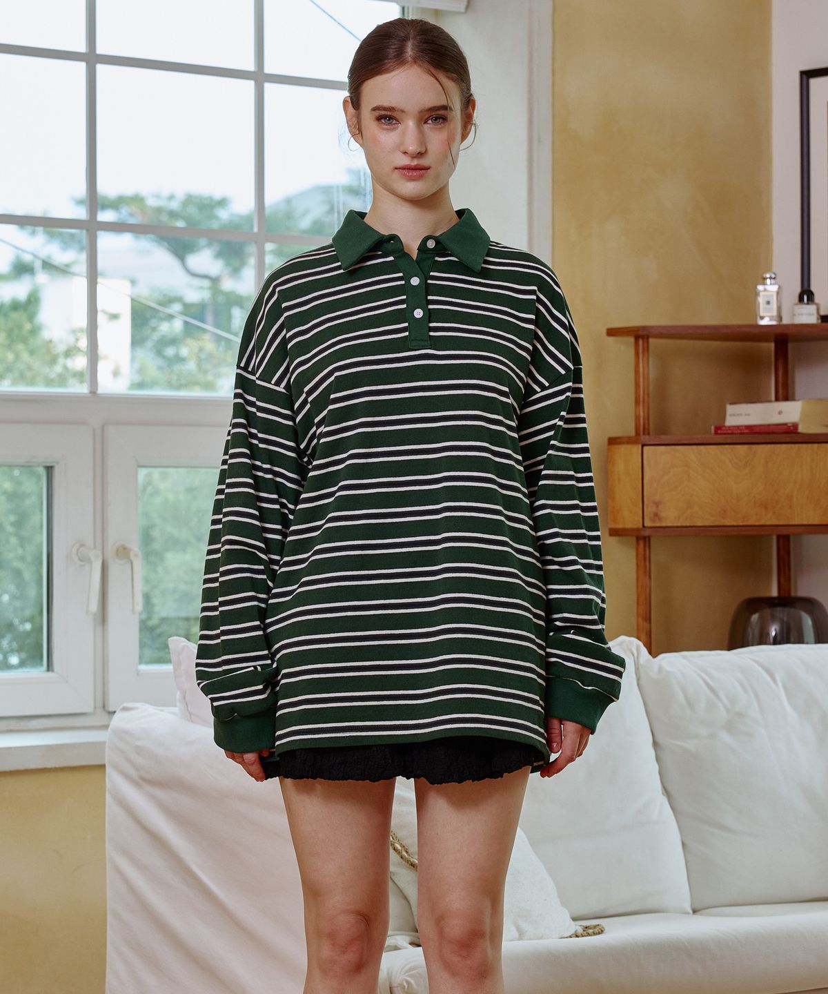 아리킴(ARIKIM) ARETE STRIPE OVERFIT COLLAR T-SHIRT / GREEN