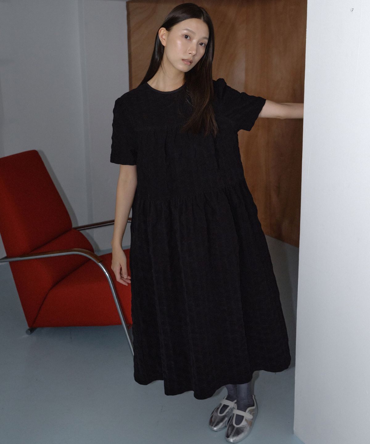 마이스(MAIS) CORDUROY HALF SLEEVE LONG DRESS / BLACK