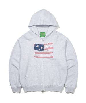 USA FLAG APPLIQUE ZIP HOODIE - LIGHT GRAY