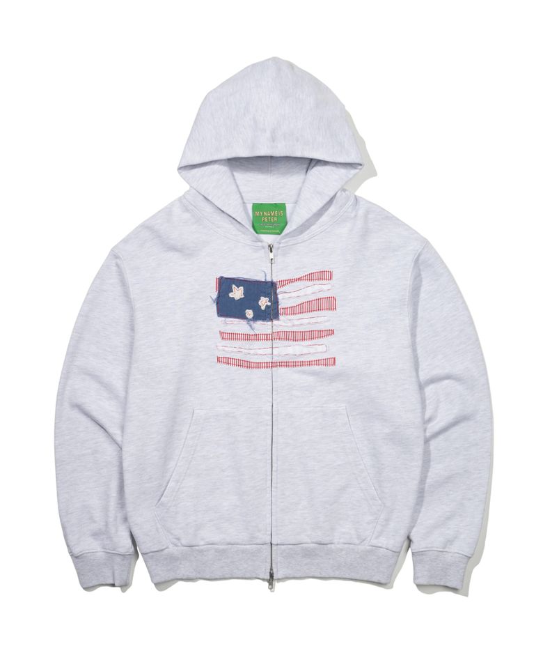 USA FLAG APPLIQUE ZIP HOODIE - LIGHT GRAY