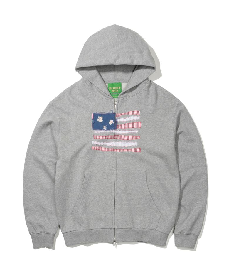 USA FLAG APPLIQUE ZIP HOODIE - GRAY