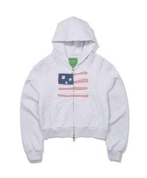 (W) USA FLAG APPLIQUE ZIP HOODIE - LIGHT GRAY