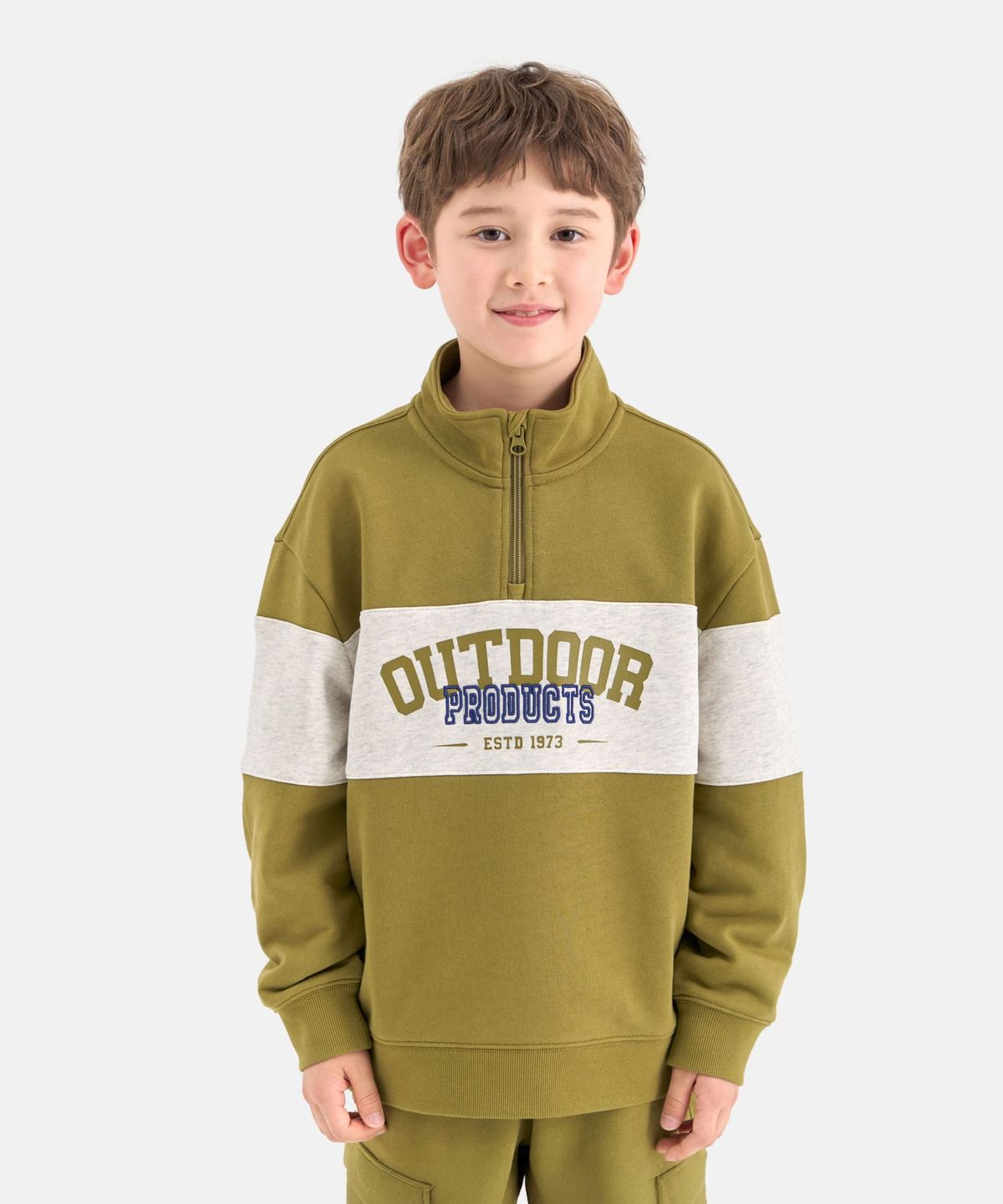 아웃도어 프로덕츠 키즈(OUTDOOR PRODUCTS KIDS) 컬러블록 반집업 맨투맨 (카키) OD253IZM13_KHA