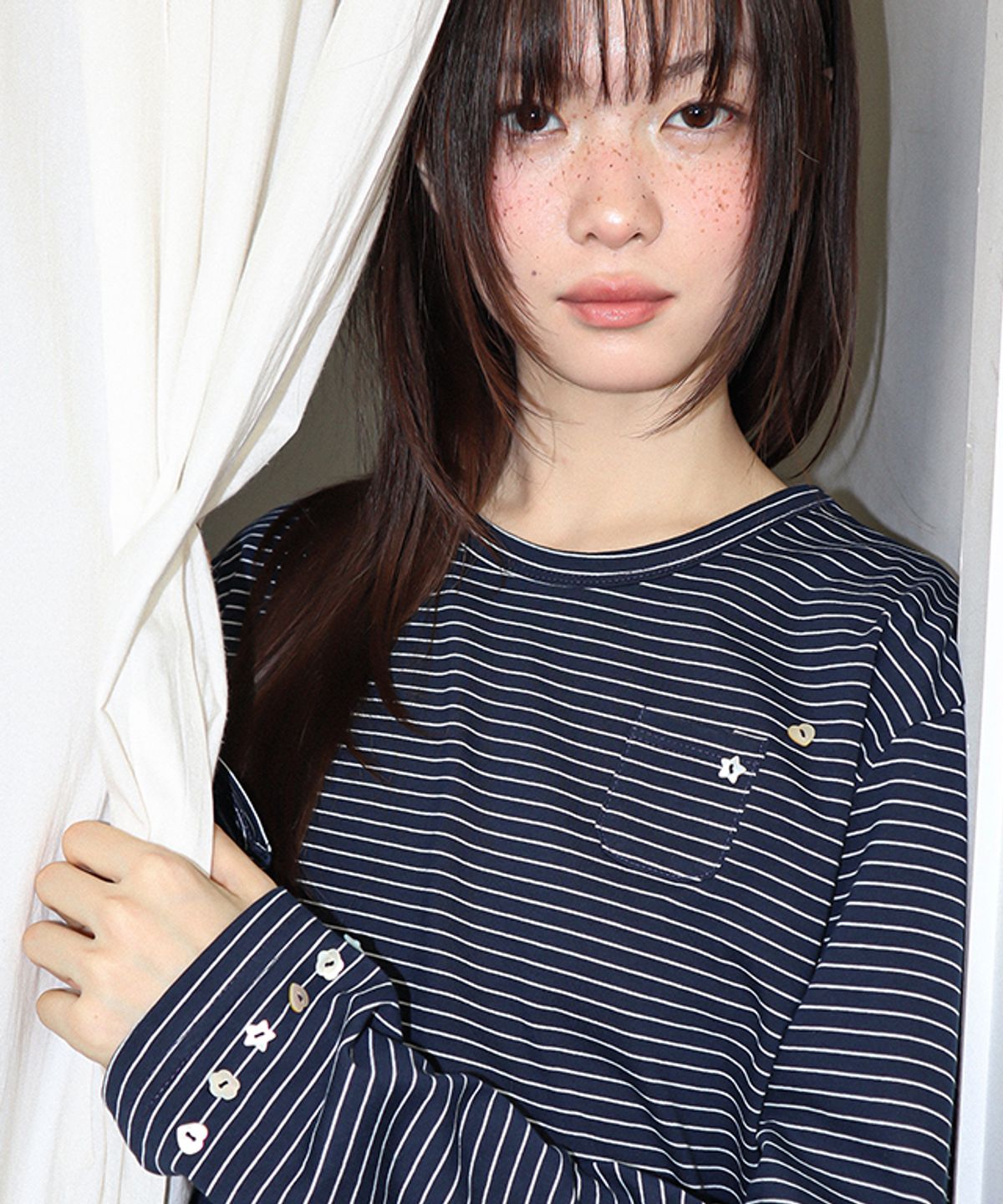 론론(RONRON) BUTTON MINI POCKET STRIPE LONG SLEEVE NAVY