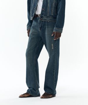 세미 플레어 워시드 데님 팬츠 [딥블루]