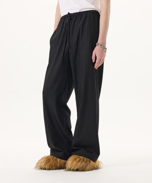 핀스트라이프 드로스트링 와이드 팬츠 [블랙]