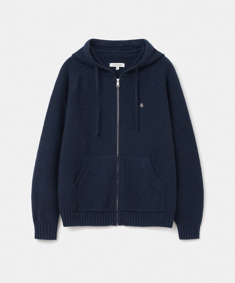 zip-up hooded knit navy