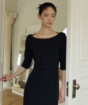 Thalia Belted Boatneck Dress (black)
