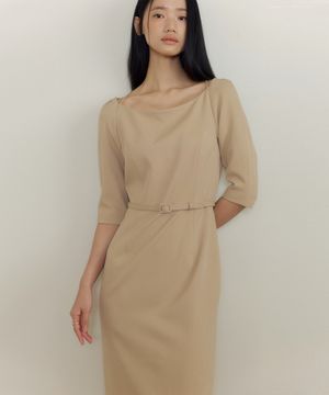 Thalia Belted Boatneck Dress (beige)