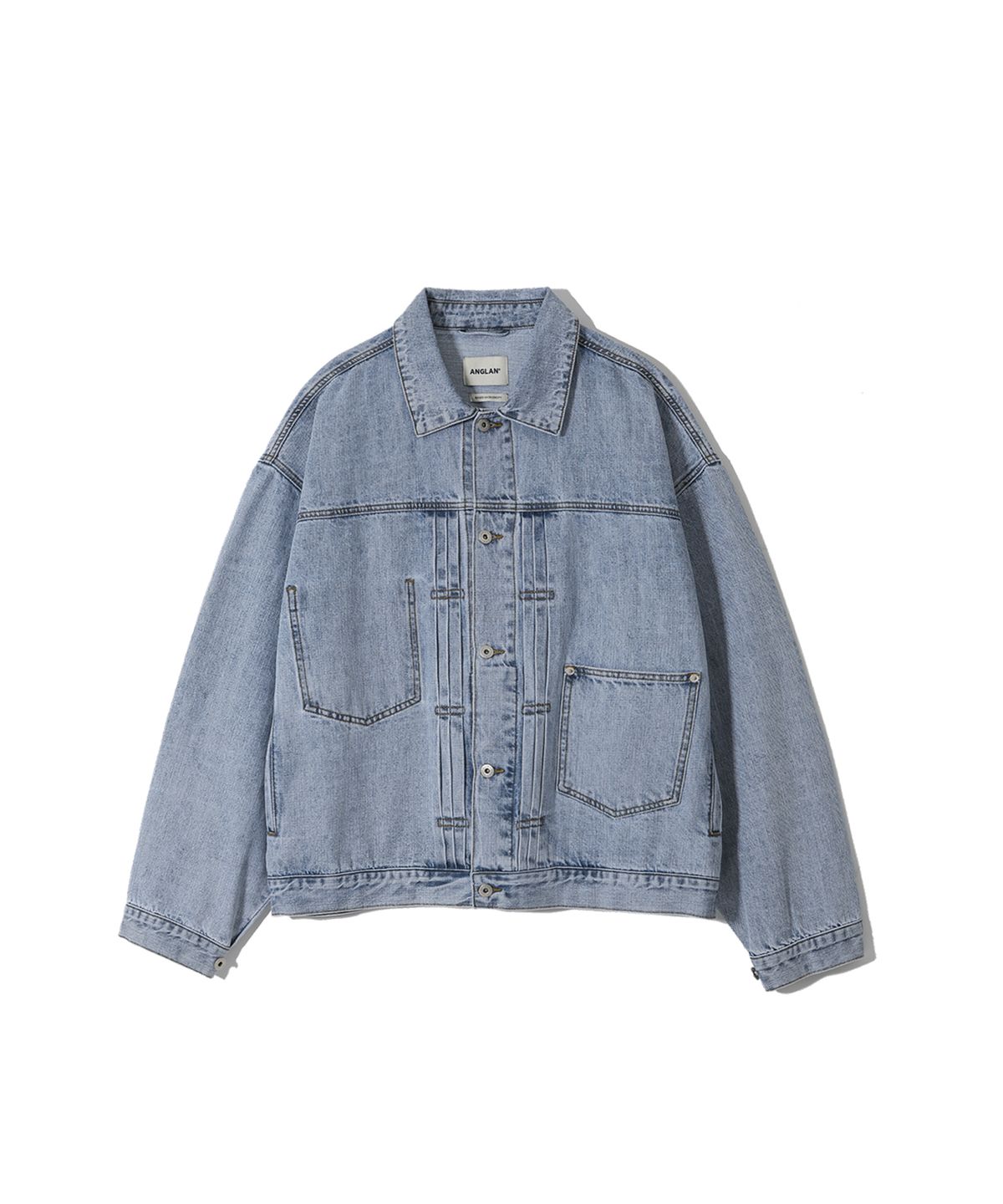 앵글런(ANGLAN) Pleated Wide Denim Jacket  - Washed Blue