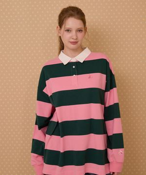 스트라이프 럭비 루즈핏 티셔츠 [핑크]