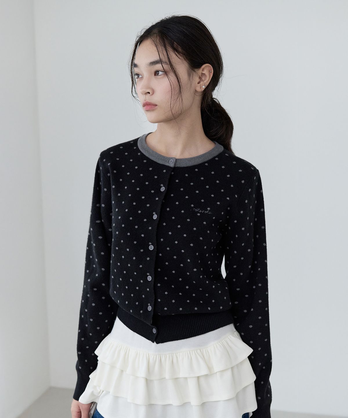 로라로라(ROLAROLA) WOOL BLENDED DOT PATTERN CARDIGAN BLACK