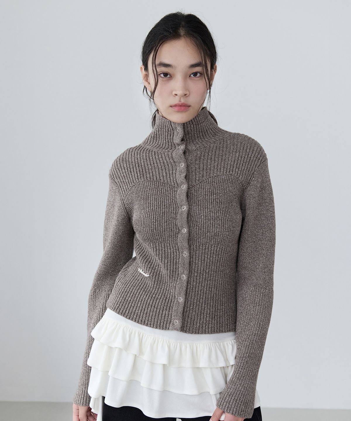 로라로라(ROLAROLA) RIBBED HIGH NECK KNIT CARDIGAN BROWN