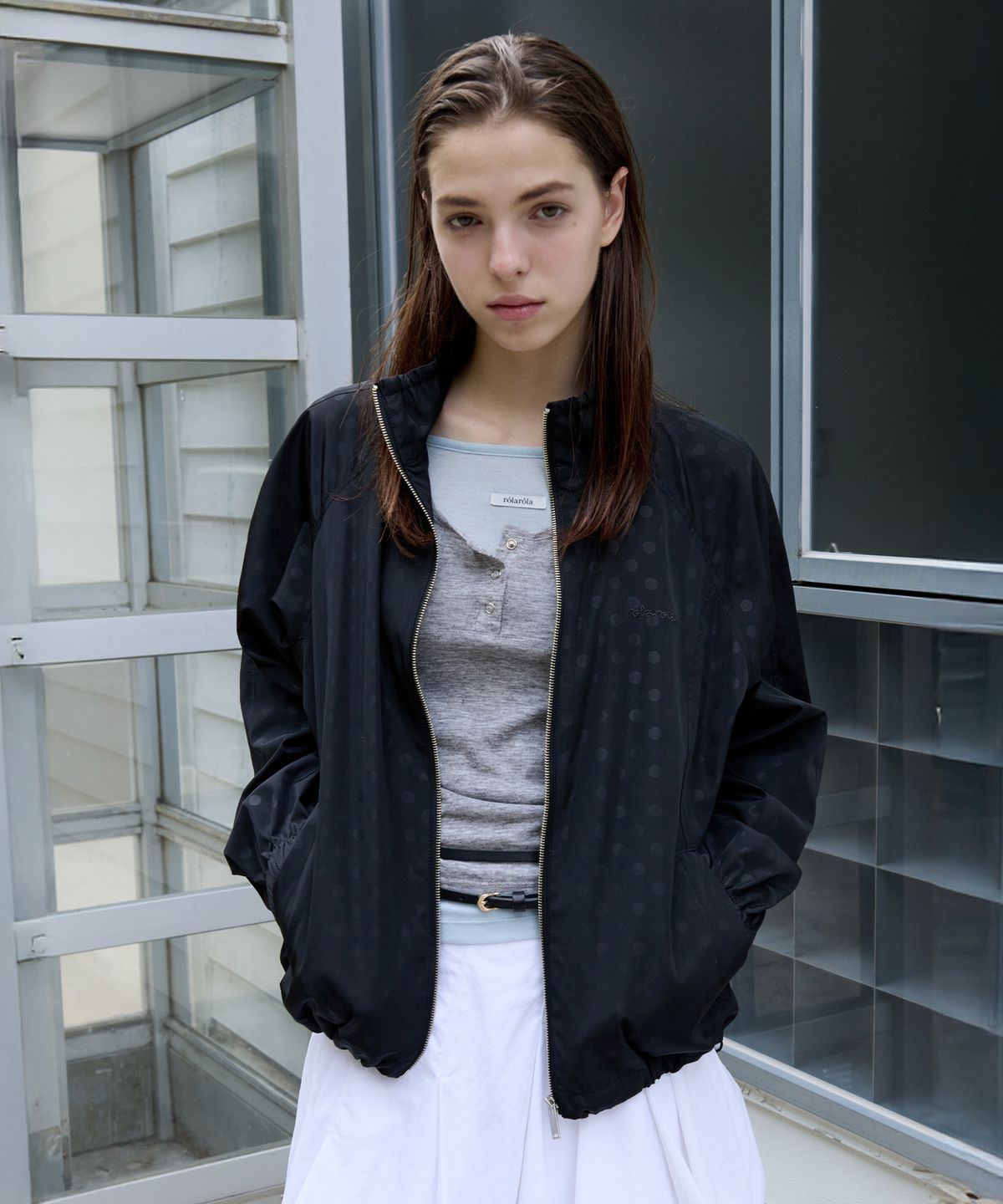로라로라(ROLAROLA) HIGH NECK DOT WIND JACKET BLACK