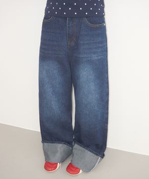 셀비지 워싱 롤업 디자인 와이드 데님 팬츠_2COLOR