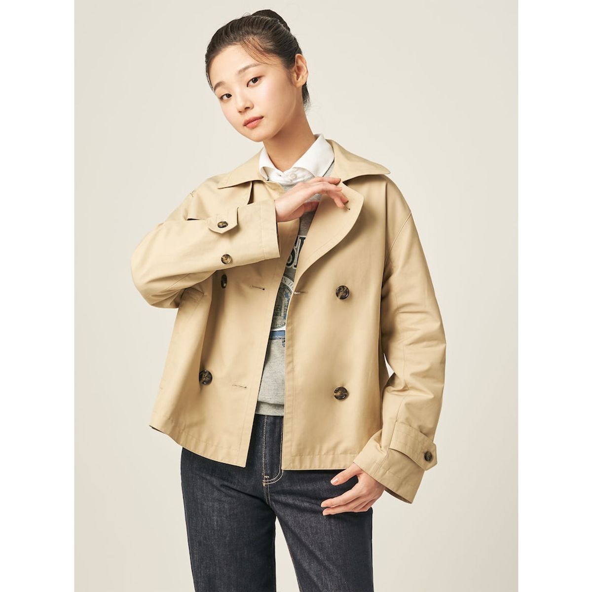 빈폴 레이디스(BEANPOLE LADIES) 코튼 숏 더블 트렌치  베이지 (BF583TC01A)