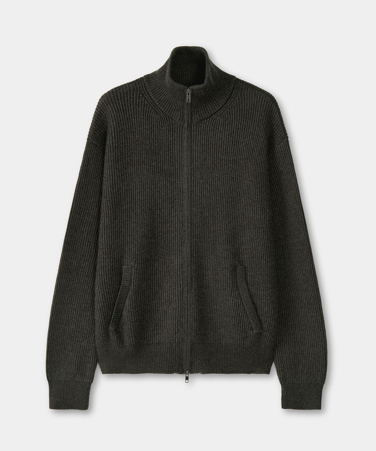 엑스컨테이너(EXCONTAINER) 미니멀 하이넥 니트 집업 (KHAKI GREEN)