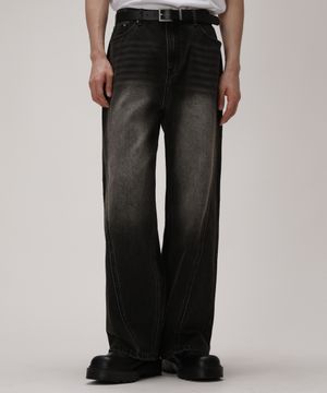 빈티지 절개 세미와이드 데님 팬츠_워시드 블랙