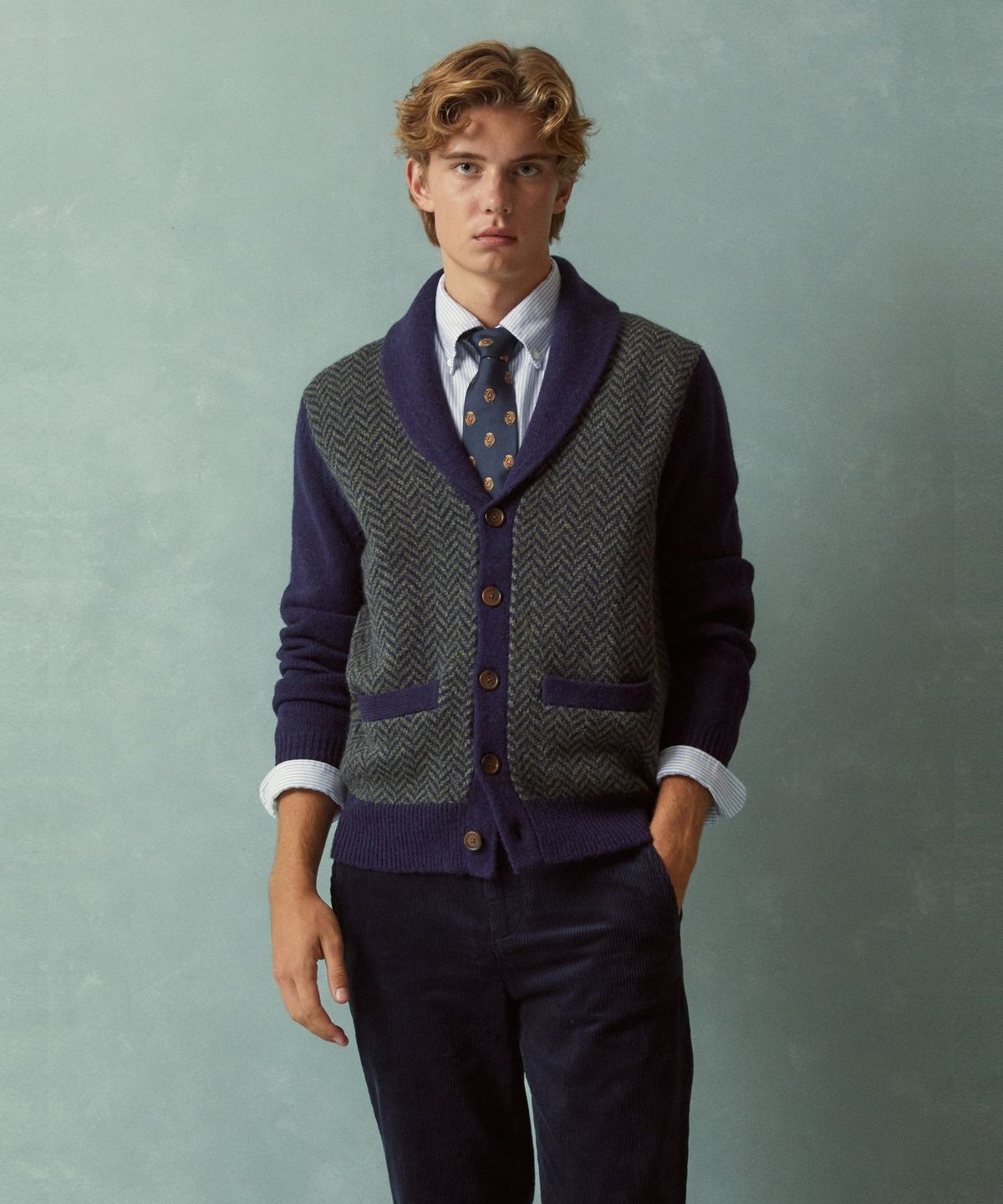 브룩스 브라더스(BROOKS BROTHERS) 울 헤링본 숄 가디건 (멀티) (BBWCMFF401)