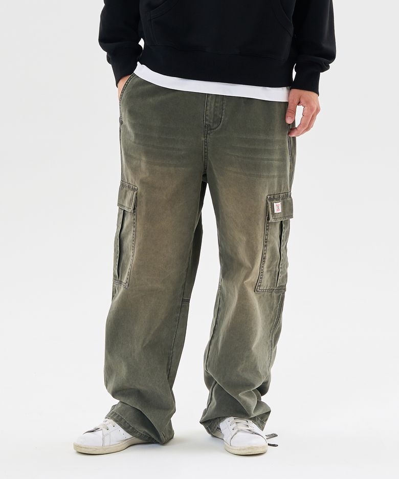 VINTAGE WASHING CARGO WIDE PANTS-GREEN