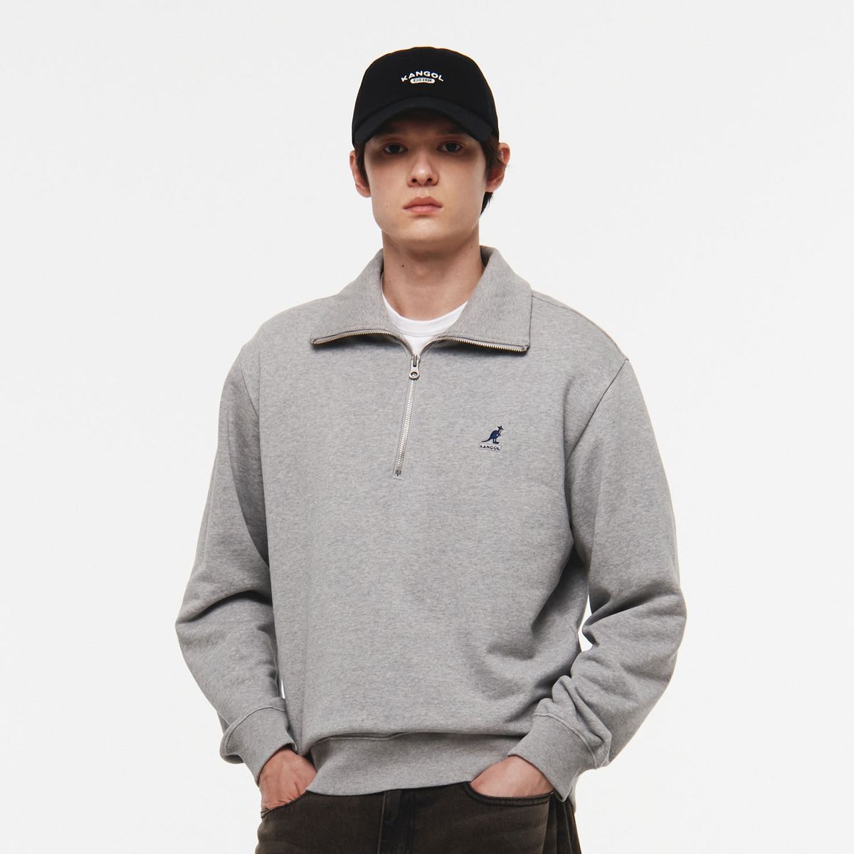 캉골(KANGOL) 하프 집 스웨트셔츠 1792 멜란지그레이