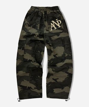 카모 워싱 레터링 카고 와이드 팬츠 카키