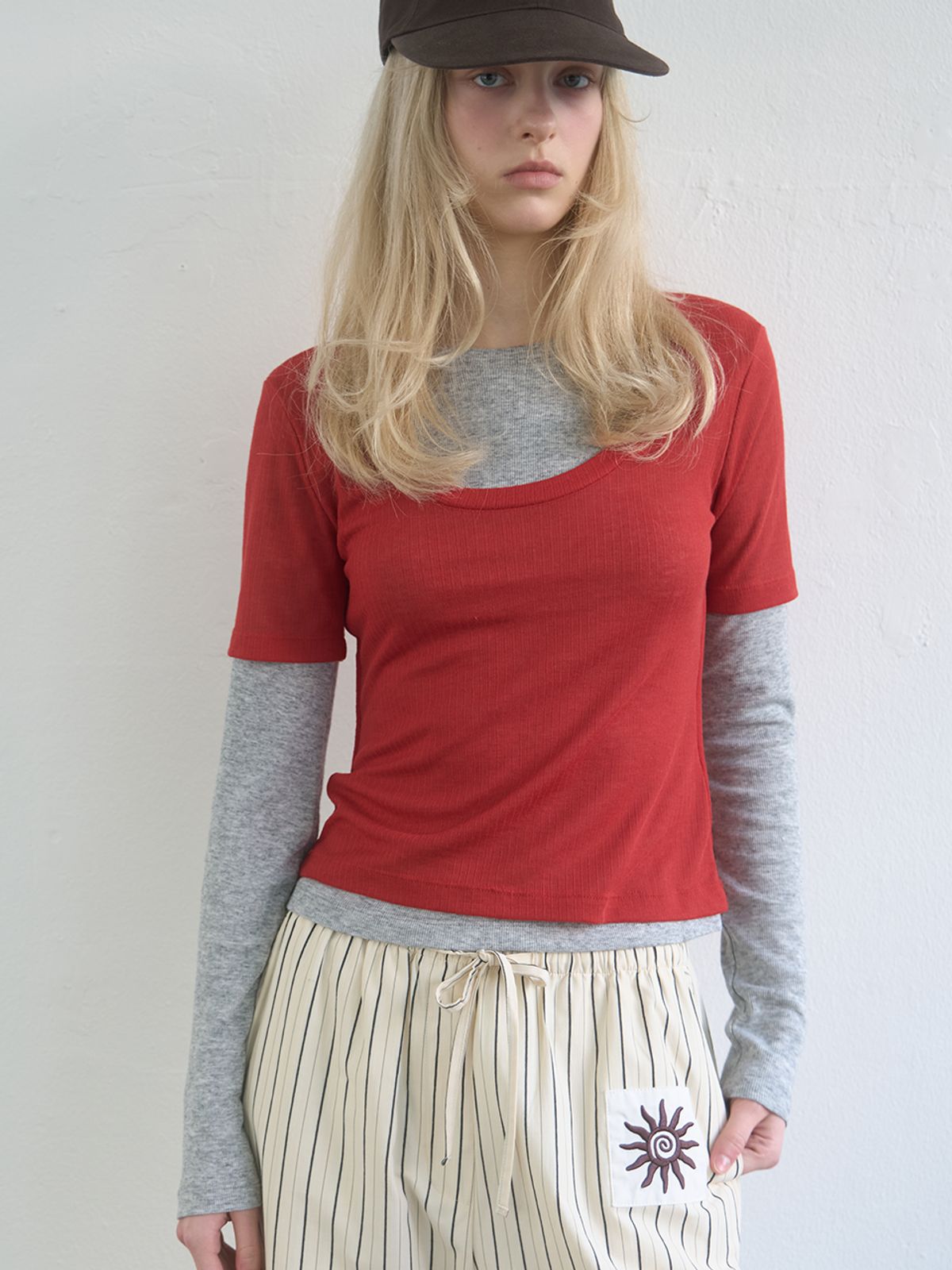 기준(KIJUN) Layered Jersey Top Red