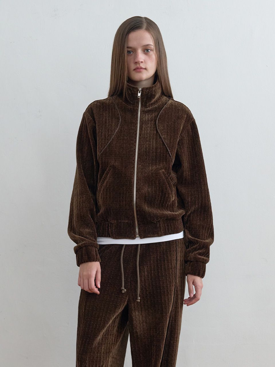 MUSINSA公式 | KIJUN Velour Zip-Up Jacket Dark Brown