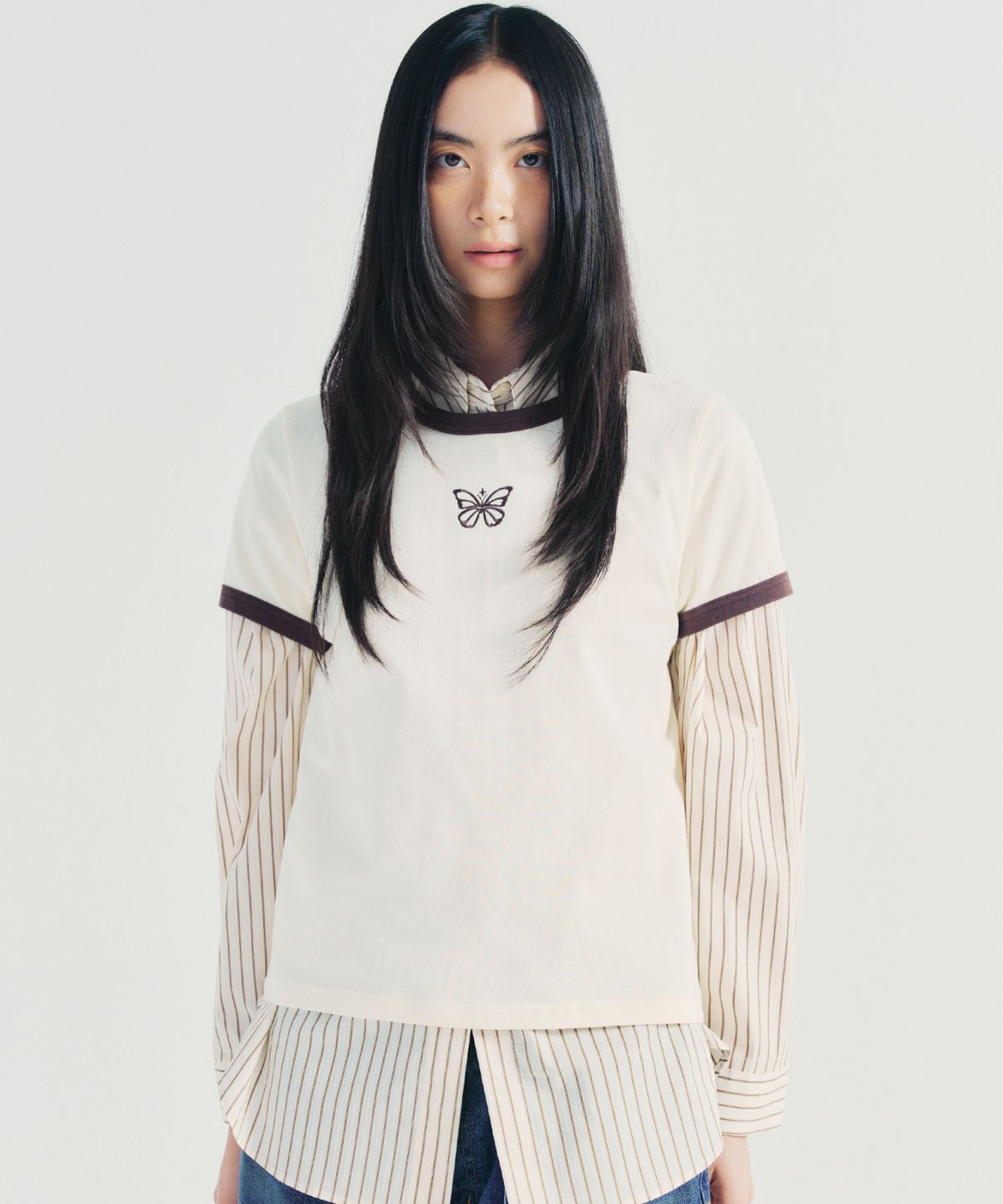 닉앤니콜(NICK&NICOLE) BUTTERFLY CONTRAST RINGER TOP_CREAM BROWN