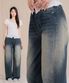 51_3 여성 빈티지 워싱 와이드 반밴딩 데님 팬츠 (숏/기본/롱)_진청
