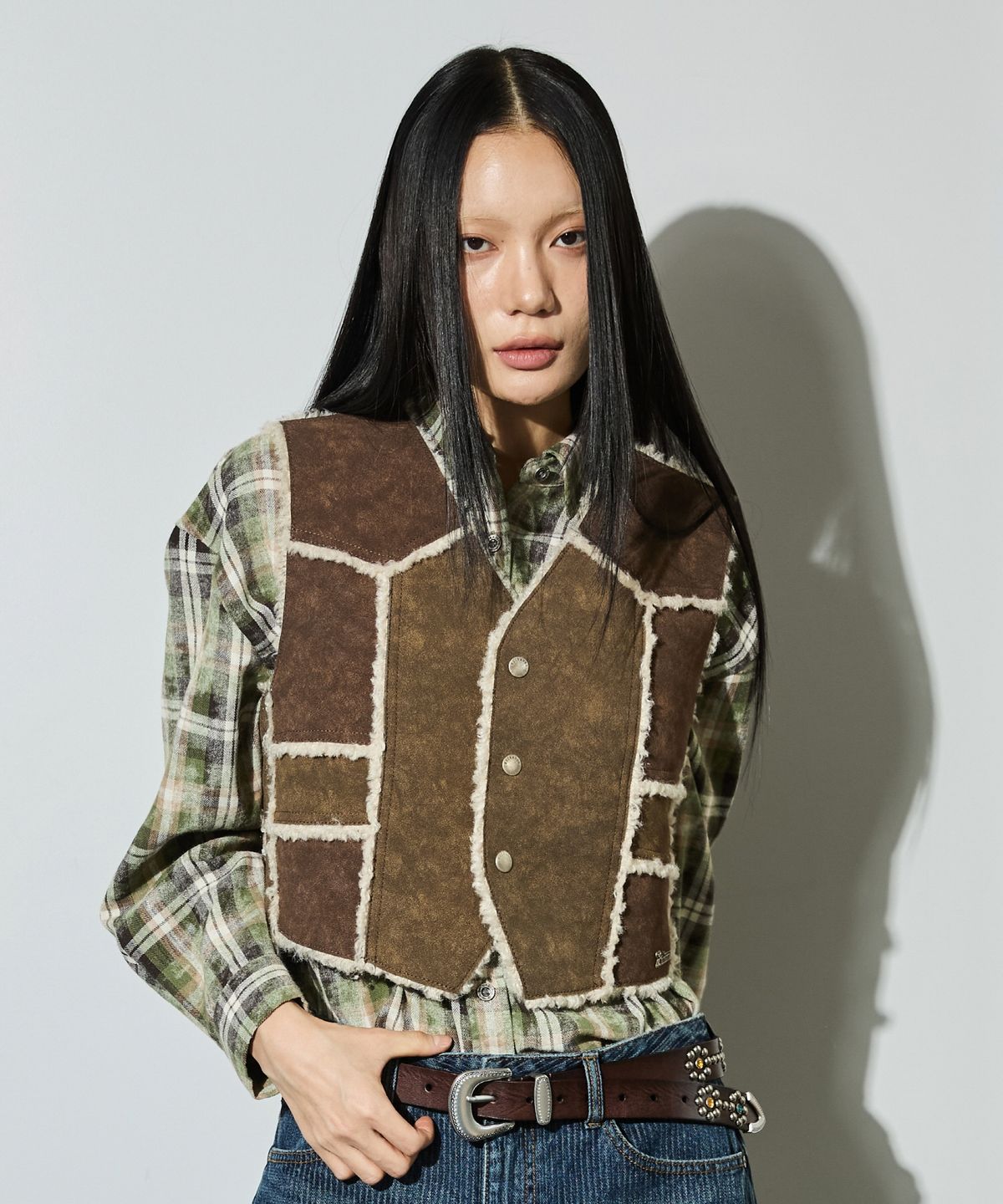 버커루(BUCKAROO) 여성 무스탕 베스트 브라운