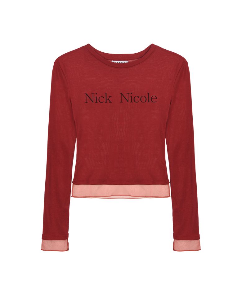 NICOLE SHEER LAYERED LOGO SLEEVE TOP_RED