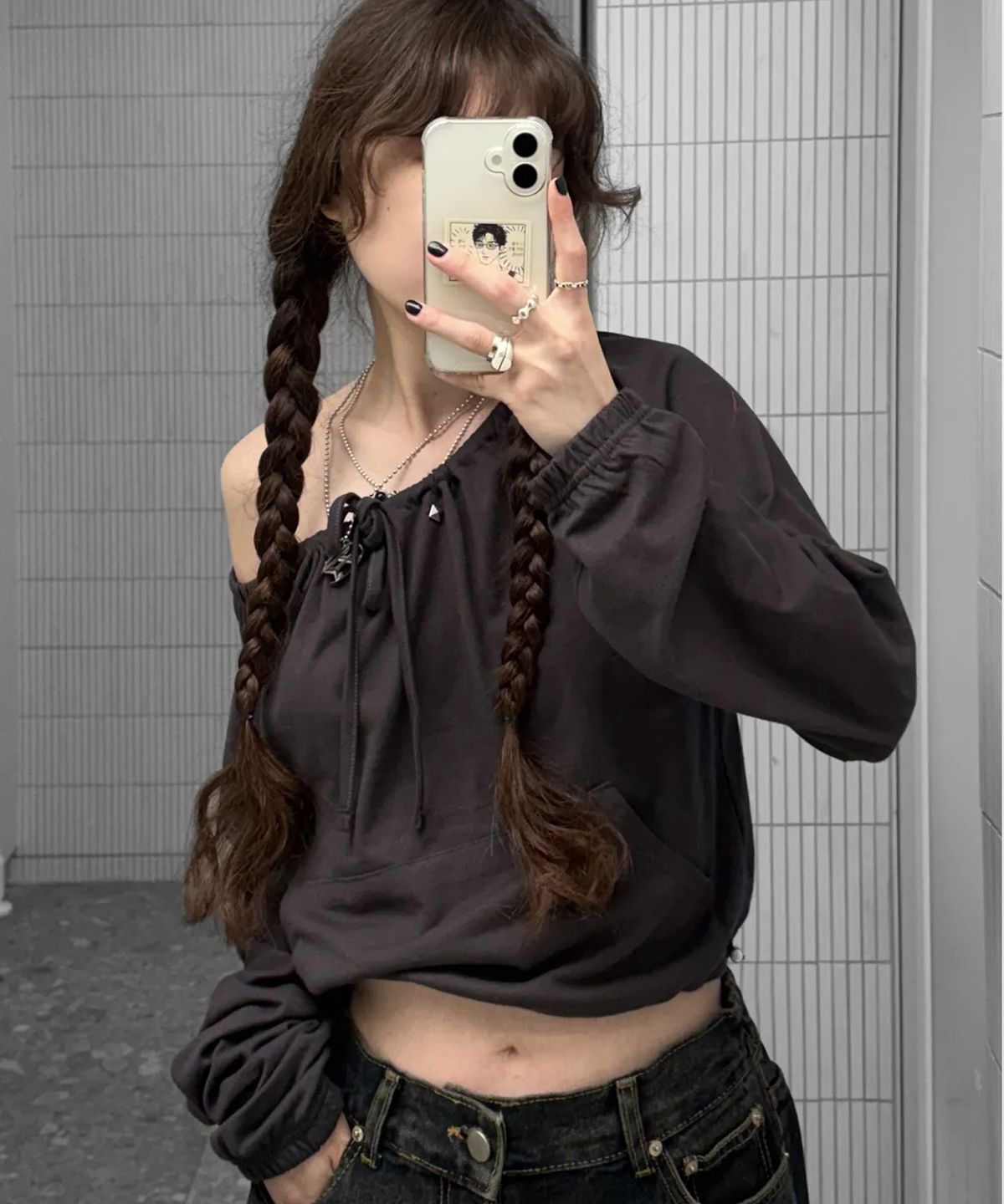 칙스(CHICKS) 스터드 투웨이 스트링 오프숄더 롱 슬리브 브라운