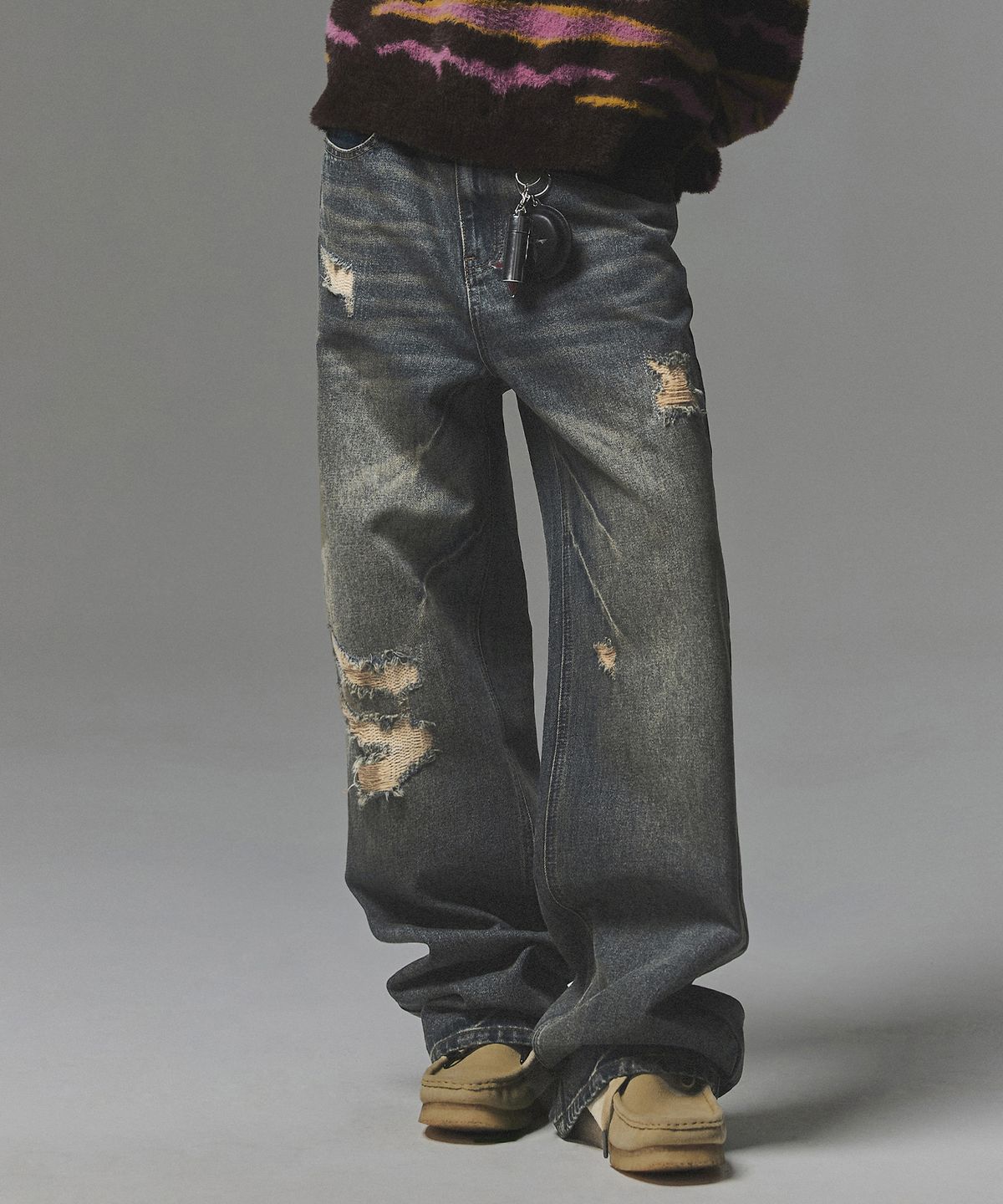 낫포너드(NOT4NERD) Destroyed Sand Washed Semi Flare Fit Denim Pants - Deep Blue