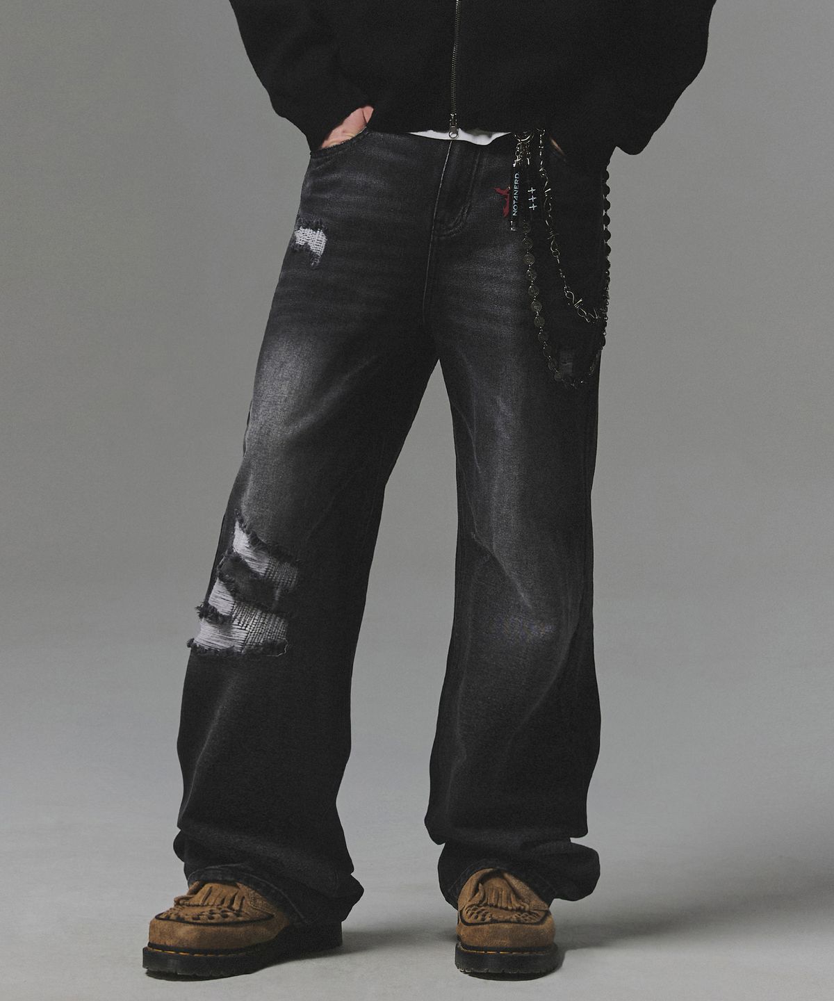 낫포너드(NOT4NERD) Destroyed Sand Washed Semi Flare Fit Denim Pants - Black