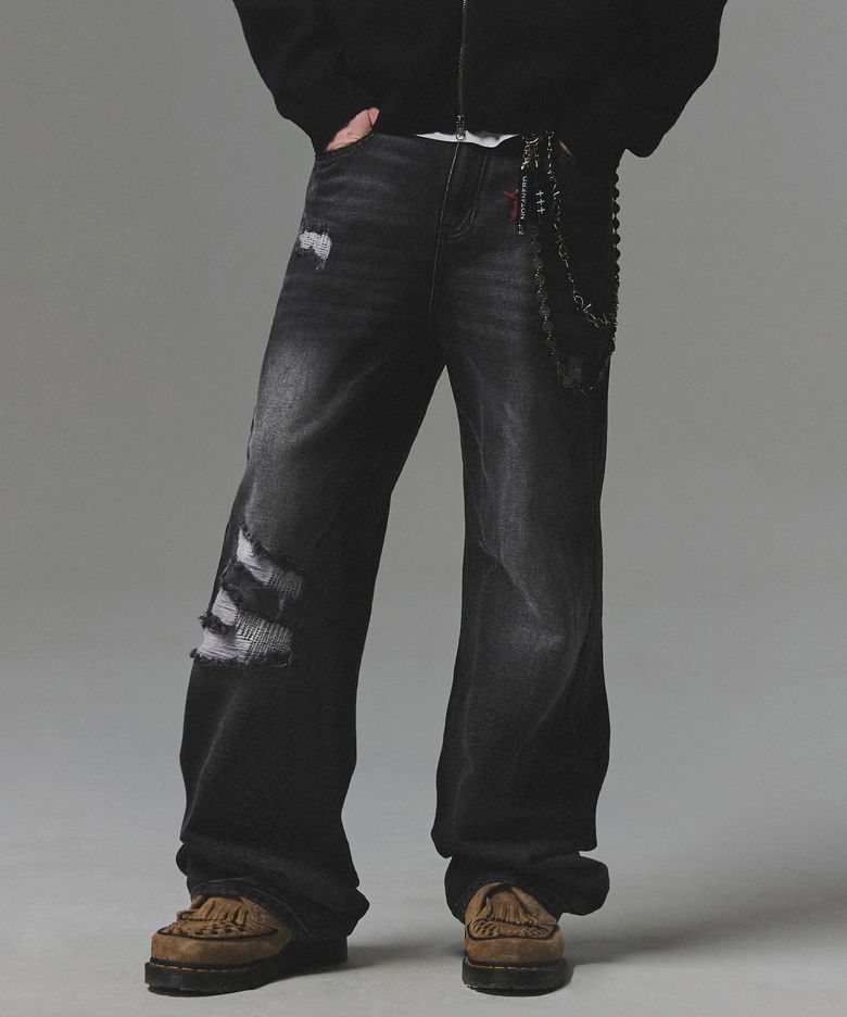 Destroyed Sand Washed Semi Flare Fit Denim Pants - Black