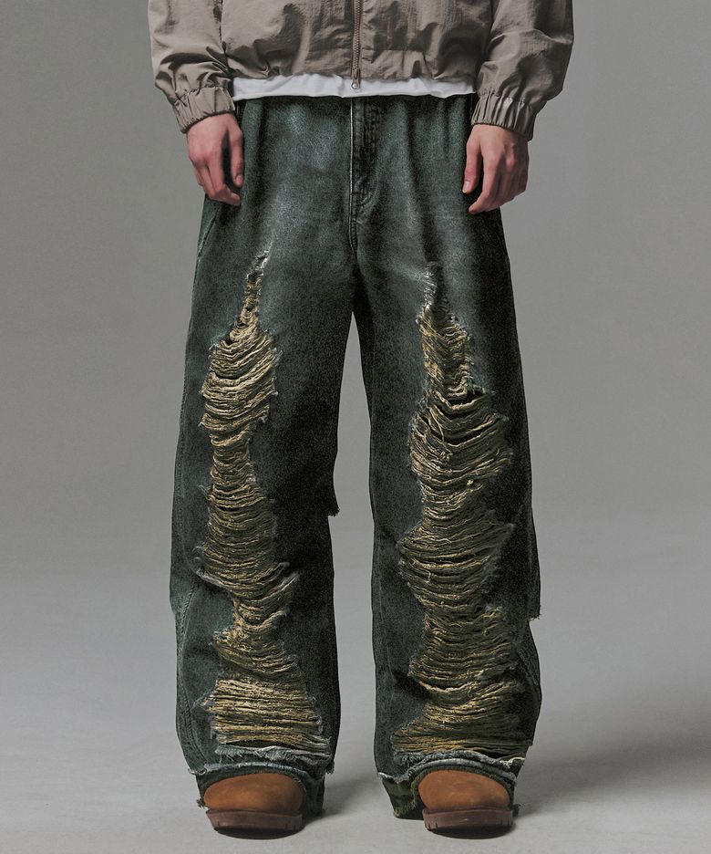 Camo Layered Destroyed Denim Pants - Deep Blue