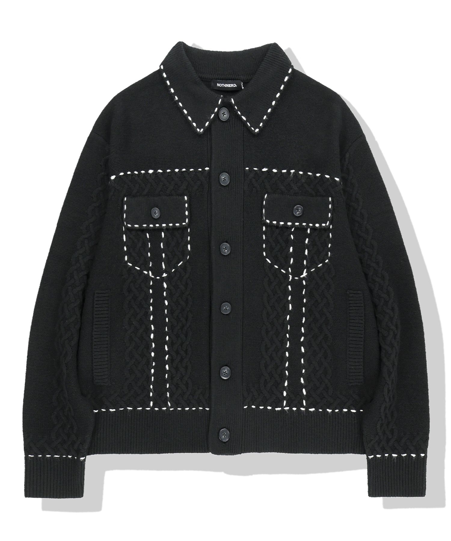 MUSINSA公式 | NOT4NERD Contrast Stitch Knit Trucker Jacket - Black