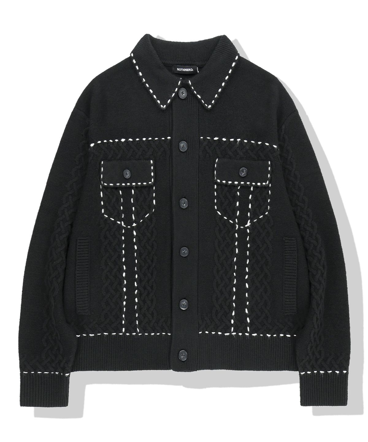 낫포너드(NOT4NERD) Contrast Stitch Knit Trucker Jacket - Black