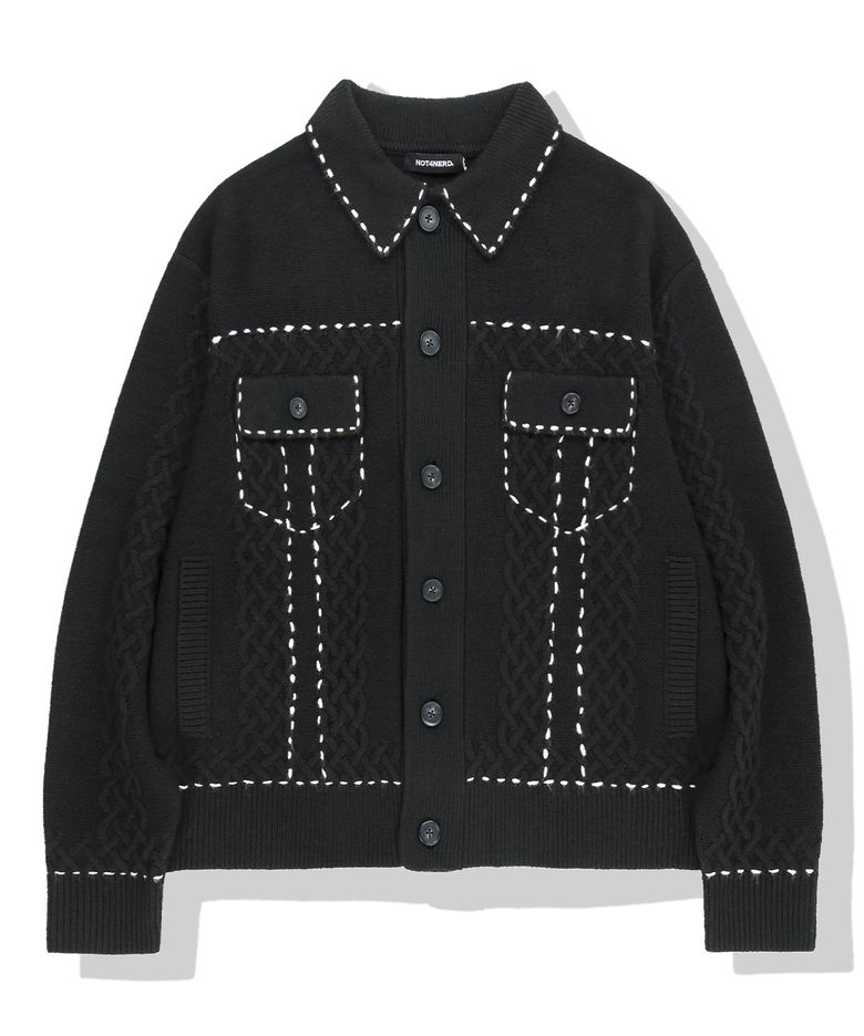 Contrast Stitch Knit Trucker Jacket - Black