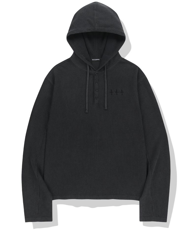 444 Logo Waffle Henley Neck Hood - Charcoal