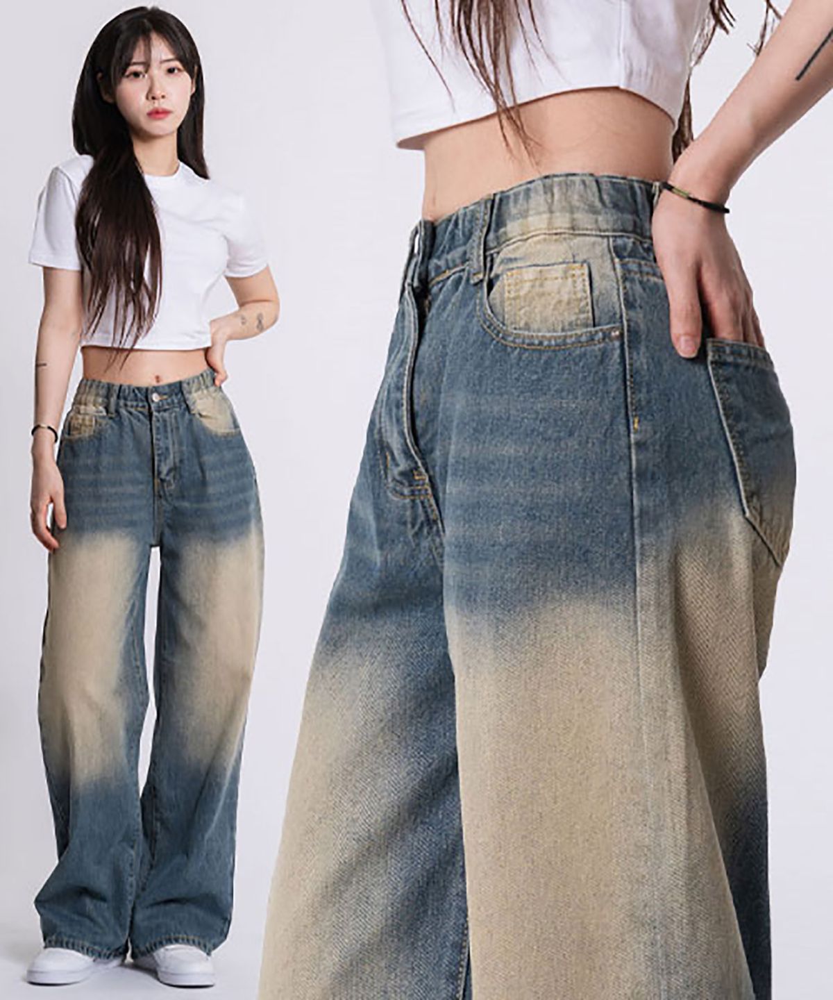 엘런아시(ELLENASSY) P51_[숏,기본,롱/S~3XL/4컬러] 빈티지 반밴딩 와이드 데님 팬츠 / 빈티지옐로우