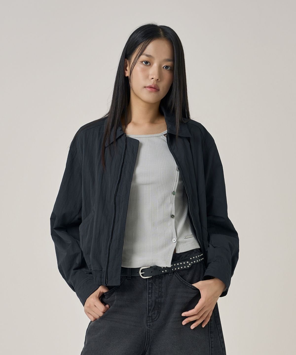 슈퍼드라이(SUPERDRY) W 볼륨 슬리브 블루종 자켓 블랙