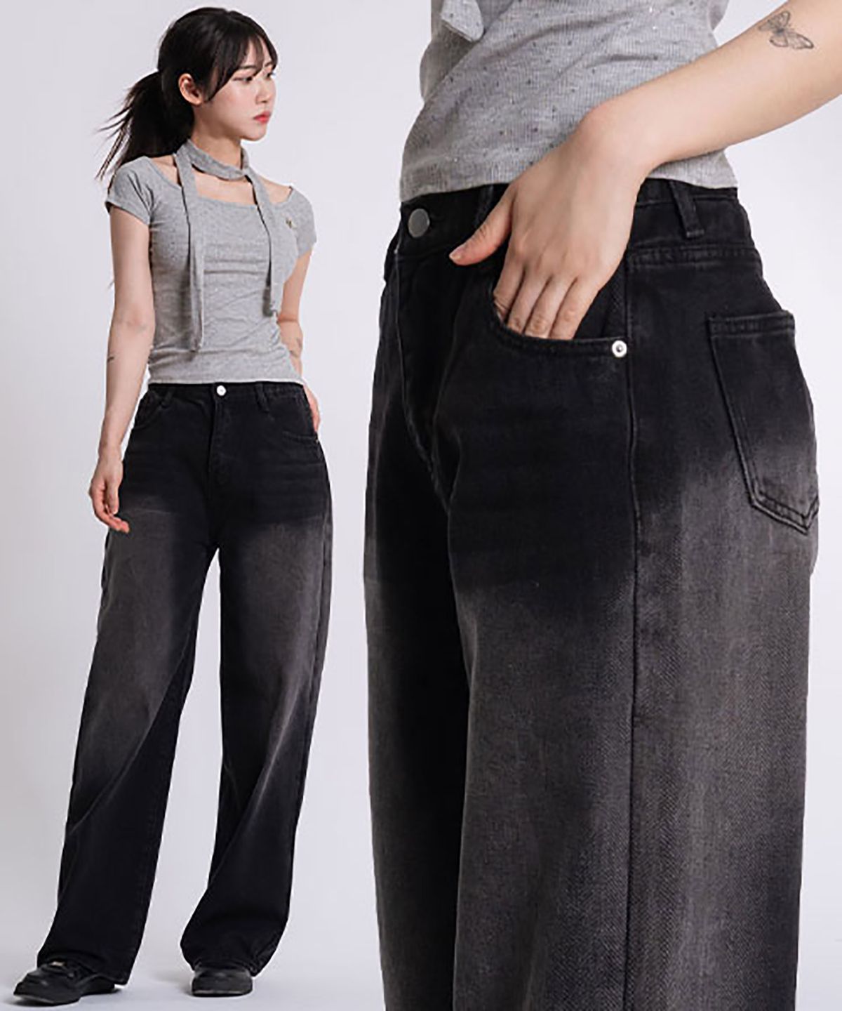 엘런아시(ELLENASSY) P51_[숏,기본,롱/S~3XL/4컬러] 빈티지 반밴딩 와이드 데님 팬츠 / 흑청