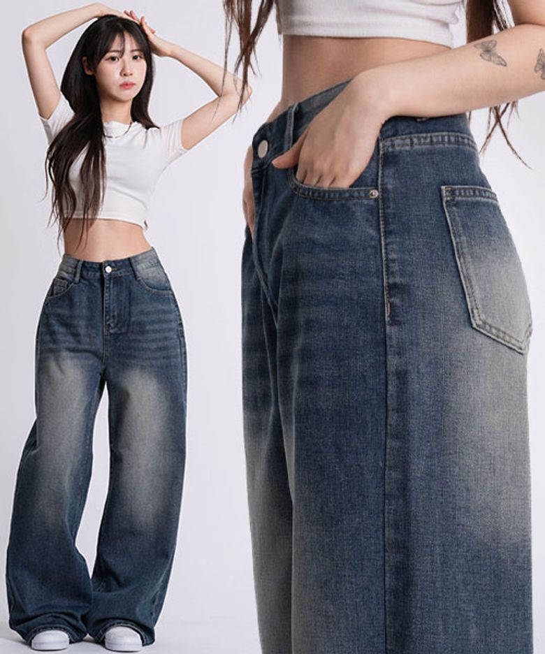 P53_[기본/롱/S~3XL/4컬러] 뒷밑단 워싱 와이드 데님 팬츠 / 진청