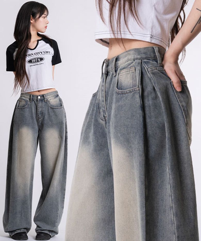 P56_[기본/롱/S~3XL/4컬러] 옆핀턱 와이드 워싱 데님 팬츠 / 중청